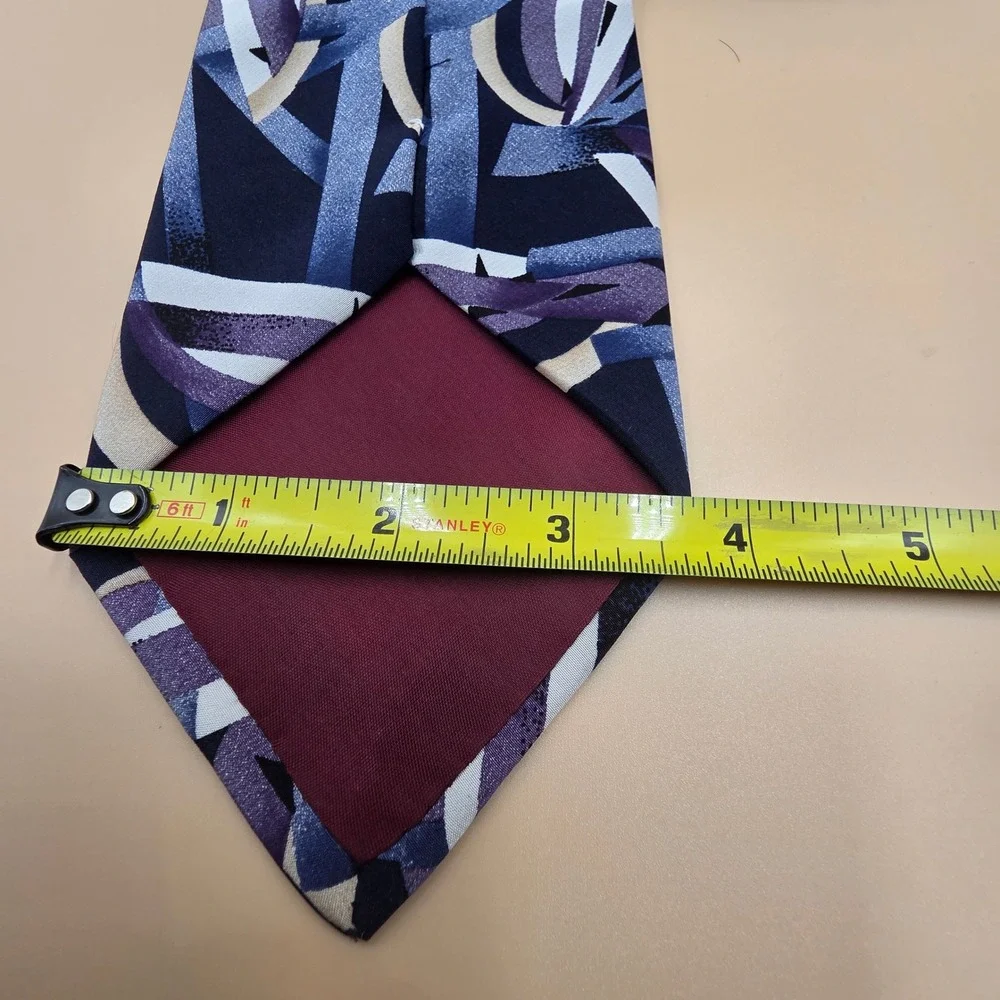 Brandini Mens Silk Necktie Abstract Geometric Navy Blue Purple Tan White